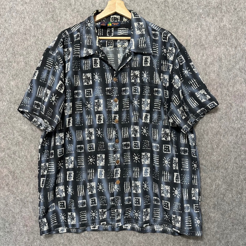 Roundy Bay Mens XL Hawaiian Shirt Black‎ Blue Abstract Tribal Print Short Sleeve